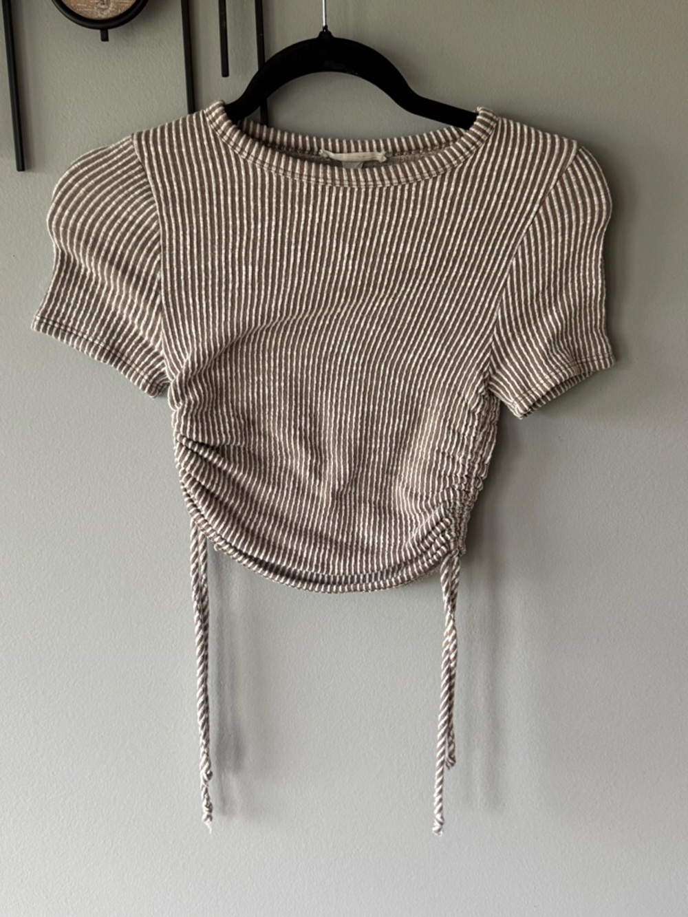 Caution To The Wind Taupe and White Ribbed Drawstring Crop Top